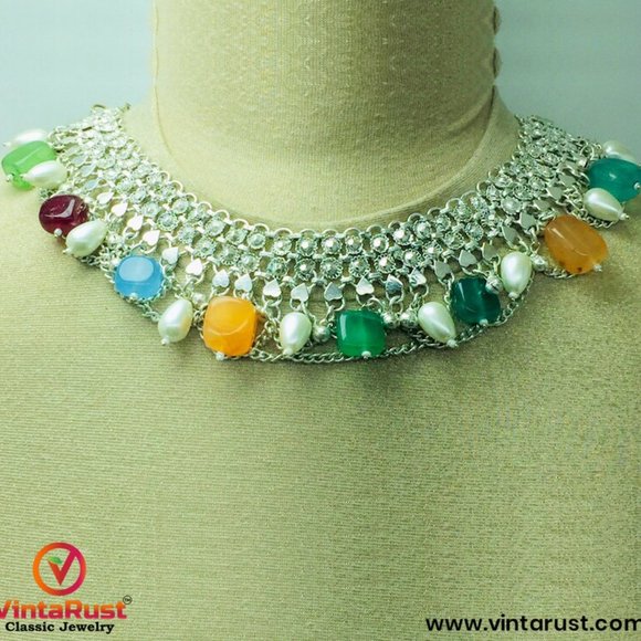 Silver Kuchi Choker Necklace With Multicolor Stones and Pearls - Picture 2 of 13